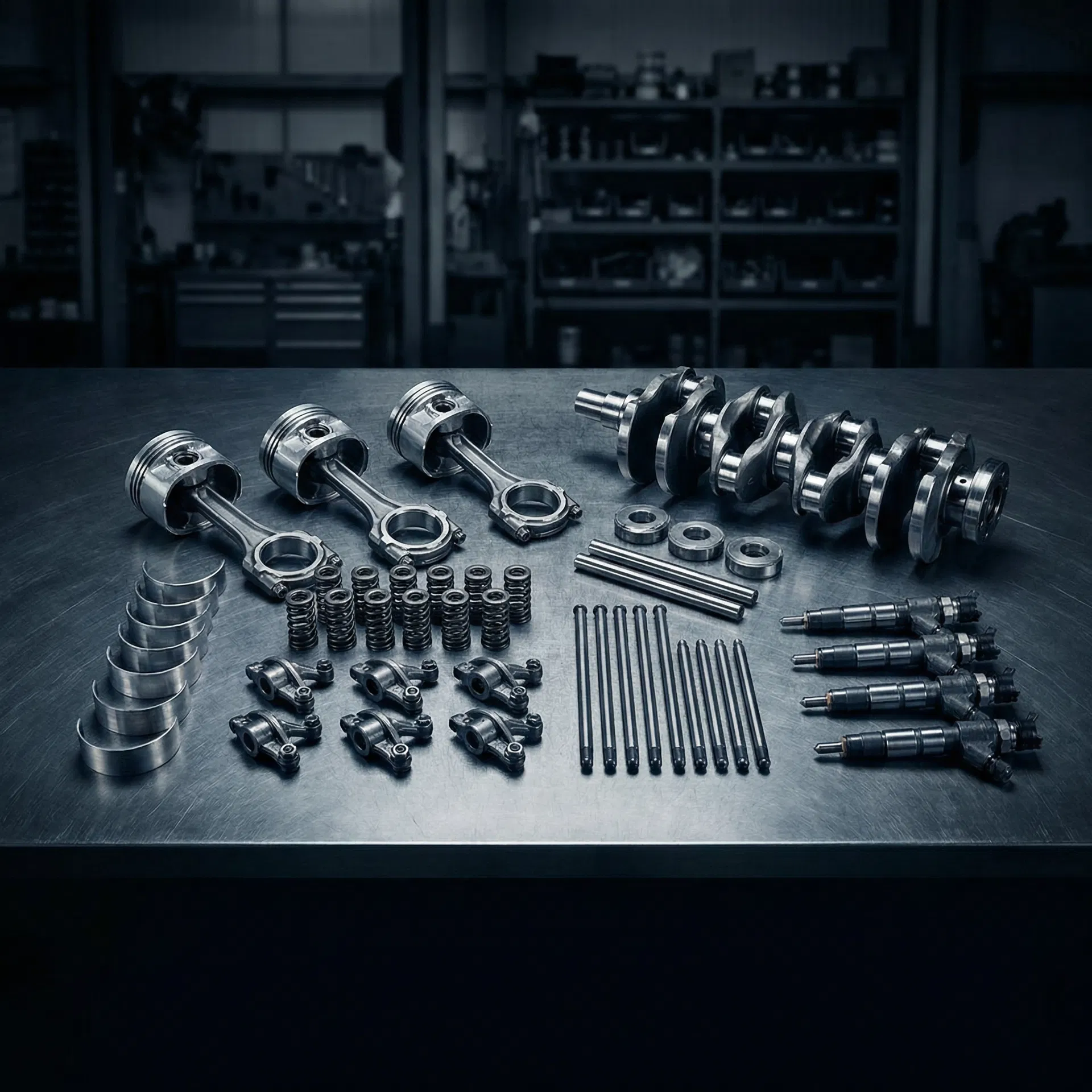 Precision diesel engine components laid out for rebuild